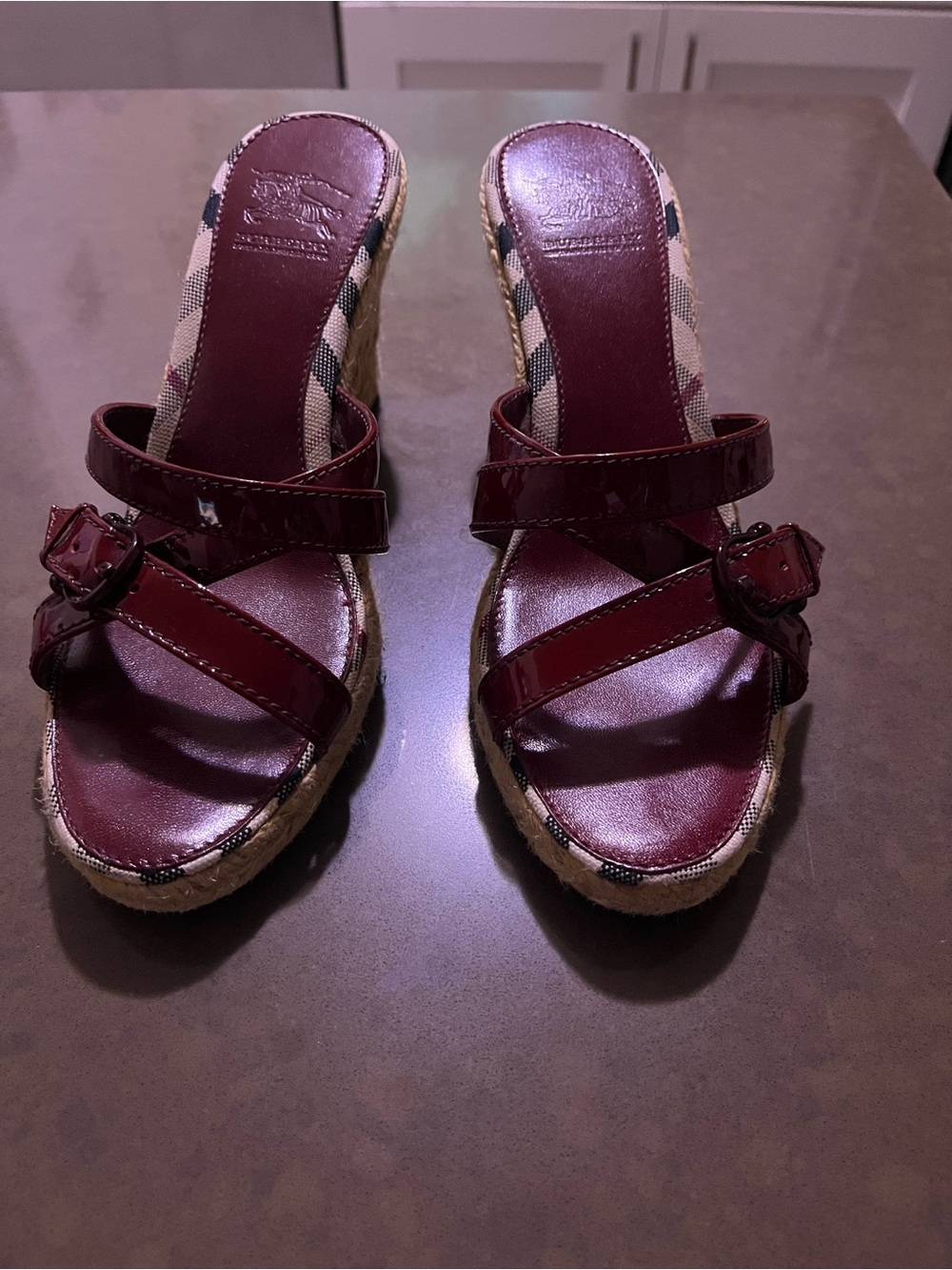 Burberry Burgundy Patent Leather Wedge Sandals with Check Trim